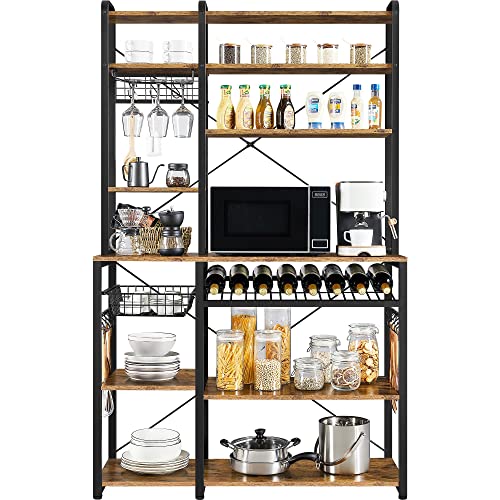 Rustic Brown Wooden Kitchen Bakers Rack with Wine Storage