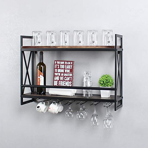 Rustic 2-tier Wall Mounted Wine Rack with Glass Holder