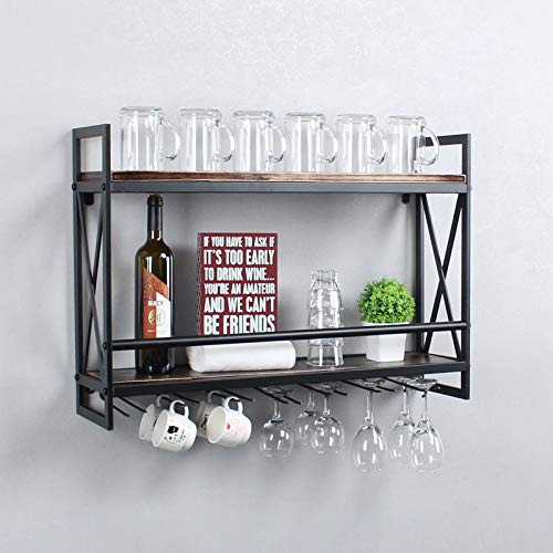 Rustic 2-tier Wall Mounted Wine Rack with Glass Holder