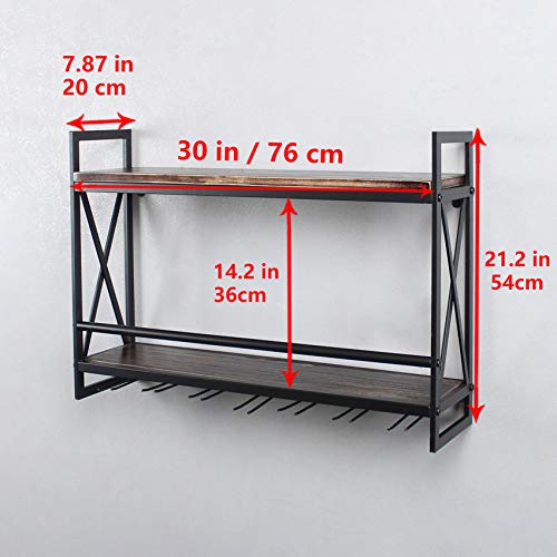 Rustic 2-tier Wall Mounted Wine Rack with Glass Holder