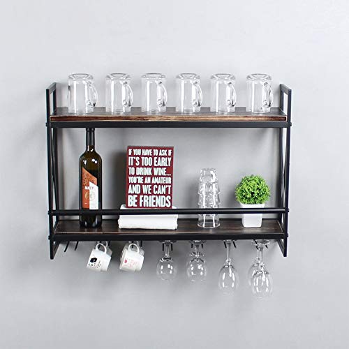 Rustic 2-tier Wall Mounted Wine Rack with Glass Holder