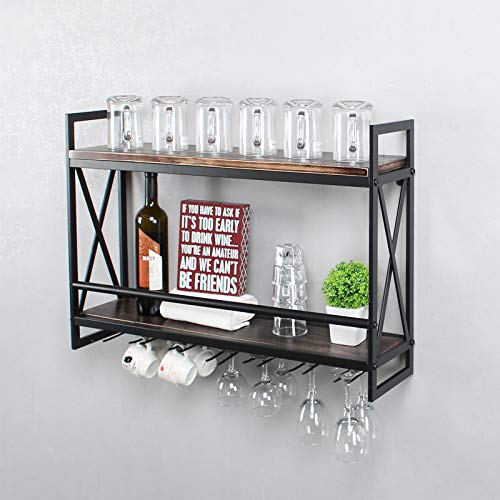 Rustic 2-tier Wall Mounted Wine Rack with Glass Holder