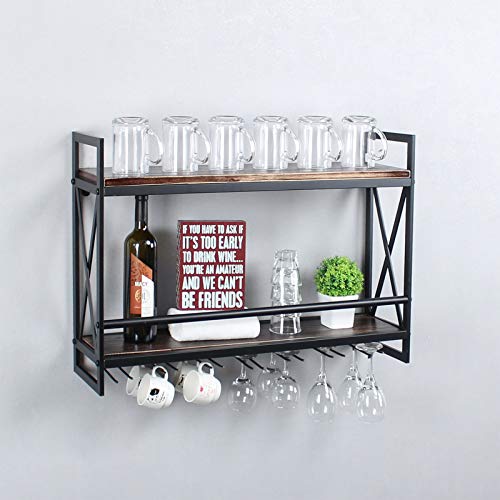 Rustic 2-tier Wall Mounted Wine Rack with Glass Holder