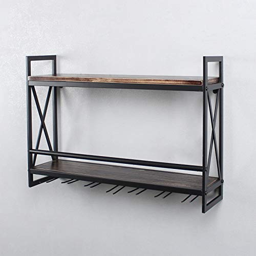 Rustic 2-tier Wall Mounted Wine Rack with Glass Holder