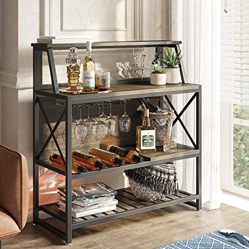 Gray Wine Bar Cabinet with Storage and Glass Holder