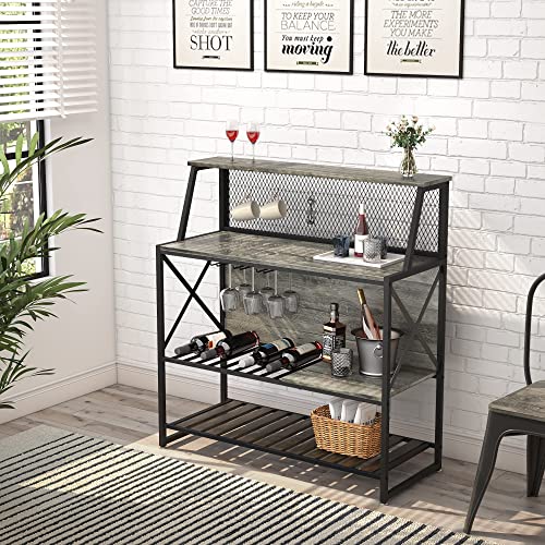Gray Wine Bar Cabinet with Storage and Glass Holder