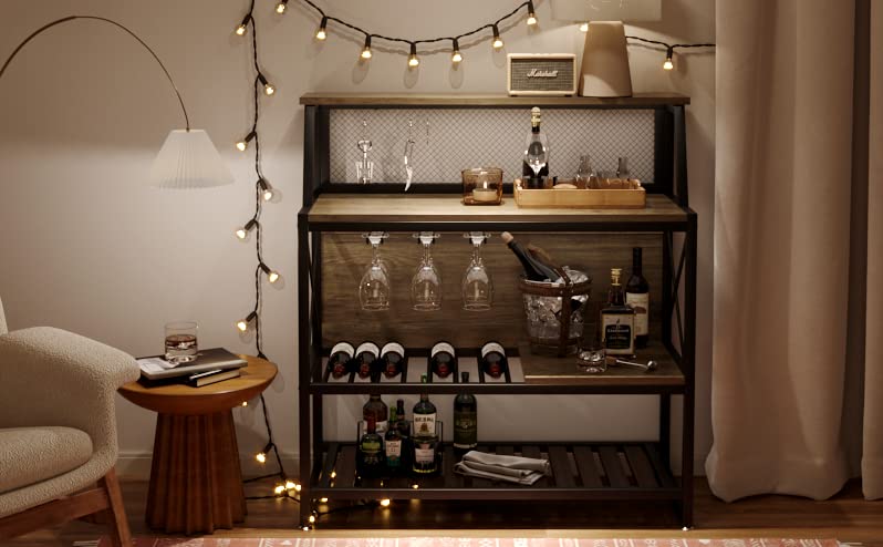 Gray Wine Bar Cabinet with Storage and Glass Holder