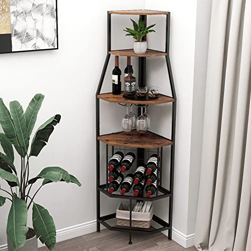 5-Tier Corner Wine Rack with Glass Holder