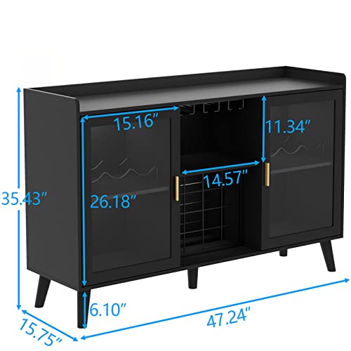 Auromie Wine Bar Cabinet with Led Light, Home Coffee Cabinet with Wine and Glass Rack, Kitchen Buffet Sideboard with Storage Shelves, Freestanding Liquor Cabinet for Living Room, Dining Room, Black