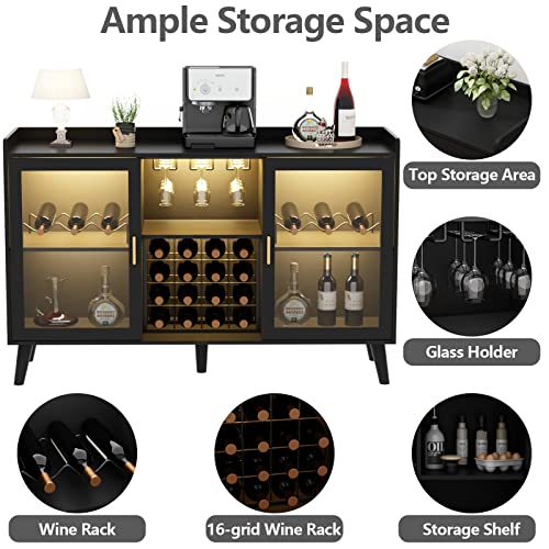 Auromie Wine Bar Cabinet with Led Light, Home Coffee Cabinet with Wine and Glass Rack, Kitchen Buffet Sideboard with Storage Shelves, Freestanding Liquor Cabinet for Living Room, Dining Room, Black