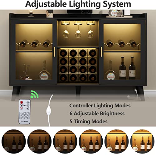 Auromie Wine Bar Cabinet with Led Light, Home Coffee Cabinet with Wine and Glass Rack, Kitchen Buffet Sideboard with Storage Shelves, Freestanding Liquor Cabinet for Living Room, Dining Room, Black