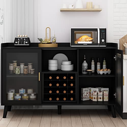 Auromie Wine Bar Cabinet with Led Light, Home Coffee Cabinet with Wine and Glass Rack, Kitchen Buffet Sideboard with Storage Shelves, Freestanding Liquor Cabinet for Living Room, Dining Room, Black