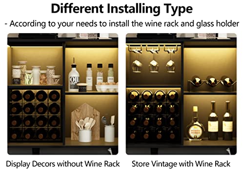 Auromie Wine Bar Cabinet with Led Light, Home Coffee Cabinet with Wine and Glass Rack, Kitchen Buffet Sideboard with Storage Shelves, Freestanding Liquor Cabinet for Living Room, Dining Room, Black