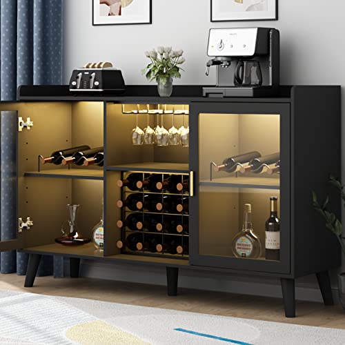 Auromie Wine Bar Cabinet with Led Light, Home Coffee Cabinet with Wine and Glass Rack, Kitchen Buffet Sideboard with Storage Shelves, Freestanding Liquor Cabinet for Living Room, Dining Room, Black