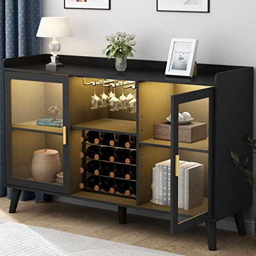 Auromie Wine Bar Cabinet with Led Light, Home Coffee Cabinet with Wine and Glass Rack, Kitchen Buffet Sideboard with Storage Shelves, Freestanding Liquor Cabinet for Living Room, Dining Room, Black