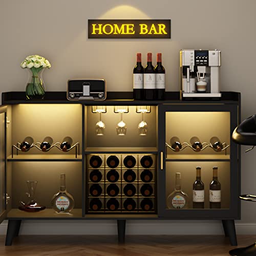 Auromie Wine Bar Cabinet with Led Light, Home Coffee Cabinet with Wine and Glass Rack, Kitchen Buffet Sideboard with Storage Shelves, Freestanding Liquor Cabinet for Living Room, Dining Room, Black