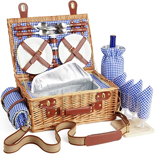Wicker Picnic Basket Set for 4 with Cooler Compartment