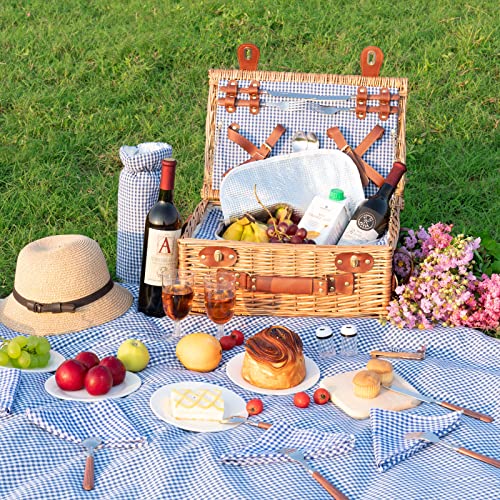 Wicker Picnic Basket Set for 4 with Cooler Compartment