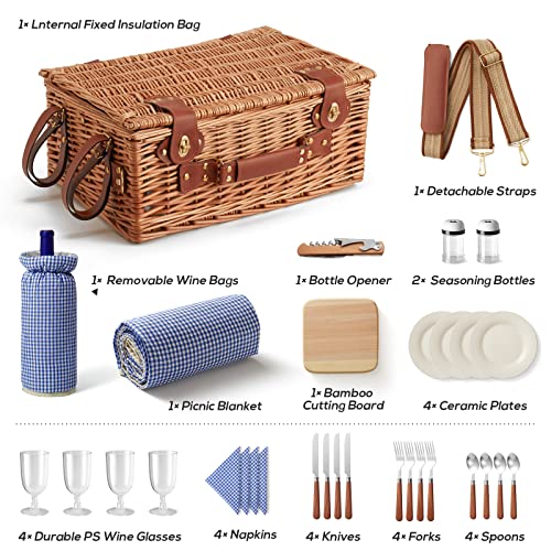 Wicker Picnic Basket Set for 4 with Cooler Compartment