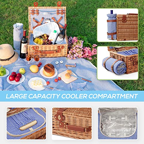 Wicker Picnic Basket Set for 4 with Cooler Compartment