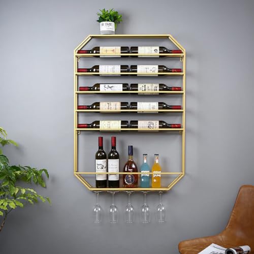 Gold Wall-Mounted Wine Rack with Glass Holder