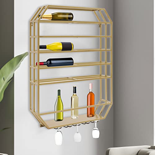 Gold Wall-Mounted Wine Rack with Glass Holder