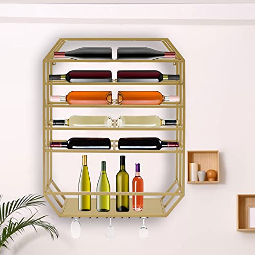 Gold Wall-Mounted Wine Rack with Glass Holder