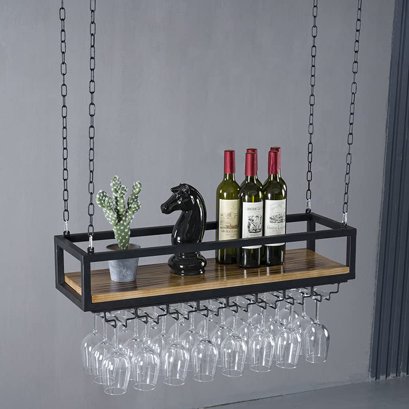 Ceiling-Mounted Wine Rack with Glass Holder and Shelf