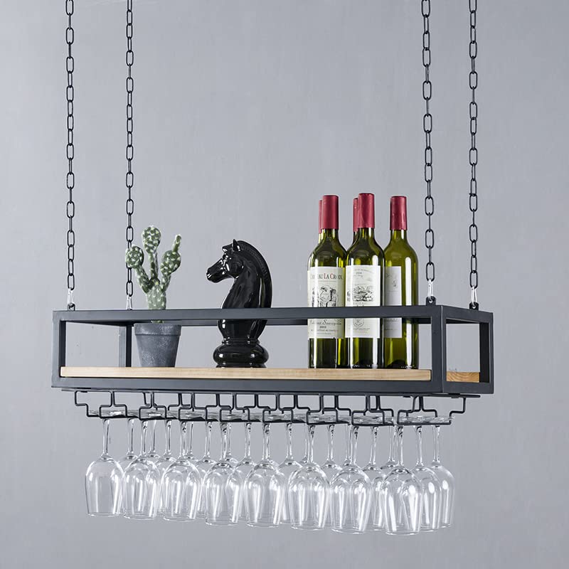 Ceiling-Mounted Wine Rack with Glass Holder and Shelf