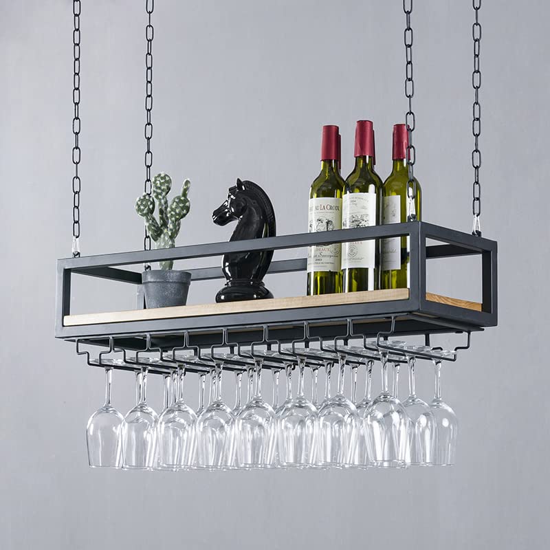 Ceiling-Mounted Wine Rack with Glass Holder and Shelf