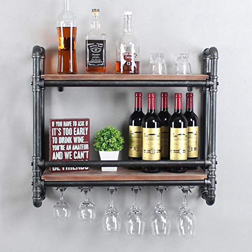 2-Tier Wine & Glass Wall Rack with Industrial Pipe