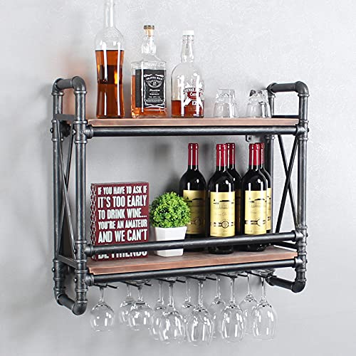 2-Tier Wine & Glass Wall Rack with Industrial Pipe