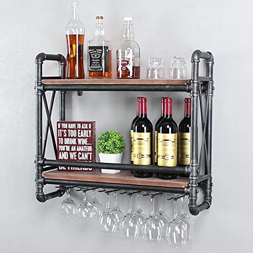 2-Tier Wine & Glass Wall Rack with Industrial Pipe