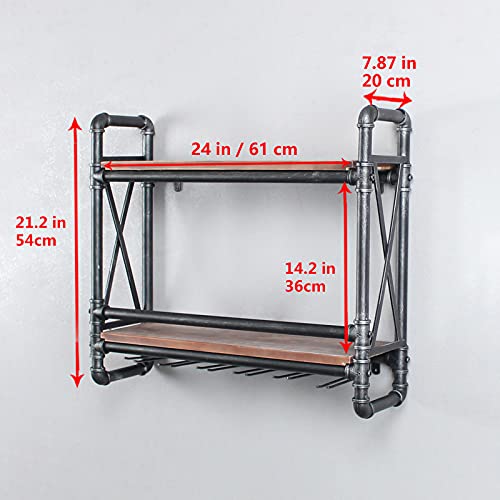 2-Tier Wine & Glass Wall Rack with Industrial Pipe