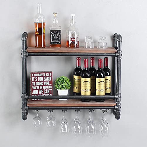 2-Tier Wine & Glass Wall Rack with Industrial Pipe