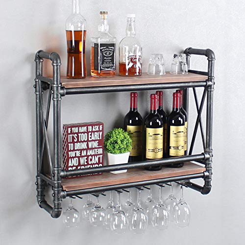 2-Tier Wine & Glass Wall Rack with Industrial Pipe