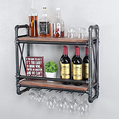 2-Tier Wine & Glass Wall Rack with Industrial Pipe