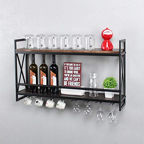 Rustic Wall Mount Wine Rack with Glass Holder