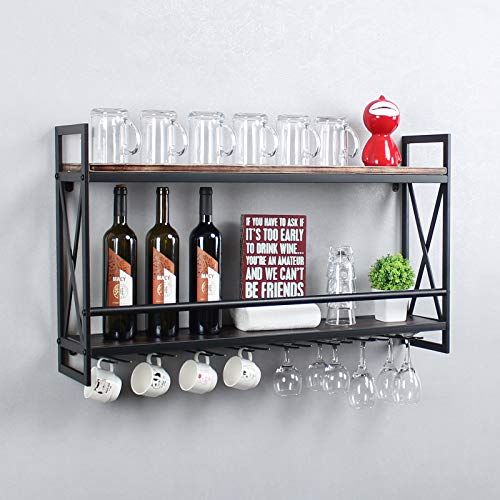Rustic Wall Mount Wine Rack with Glass Holder