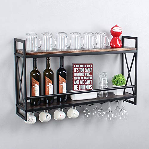 Rustic Wall Mount Wine Rack with Glass Holder