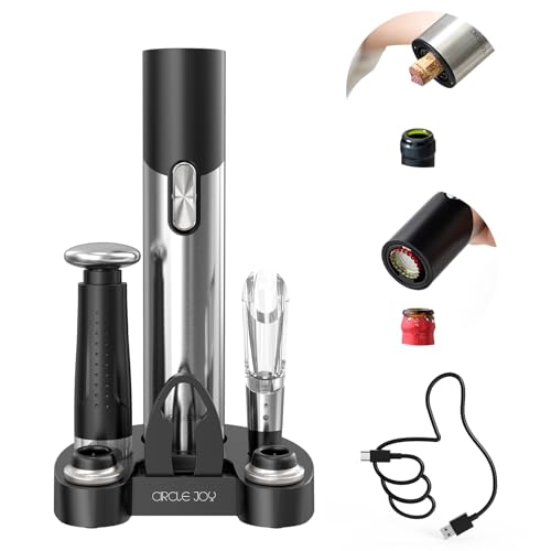 CIRCLE JOY Electric Wine Opener Set Automatic Wine Opener Kit for Wine and Beer Cordless Electric Wine Bottle Openers Gift Set with Foil Cutter, Aerator Pourer, Vacuum Pump and 2 Wine Stoppers