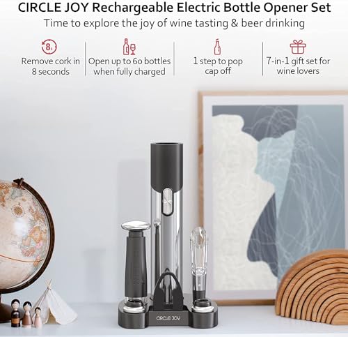 CIRCLE JOY Electric Wine Opener Set Automatic Wine Opener Kit for Wine and Beer Cordless Electric Wine Bottle Openers Gift Set with Foil Cutter, Aerator Pourer, Vacuum Pump and 2 Wine Stoppers