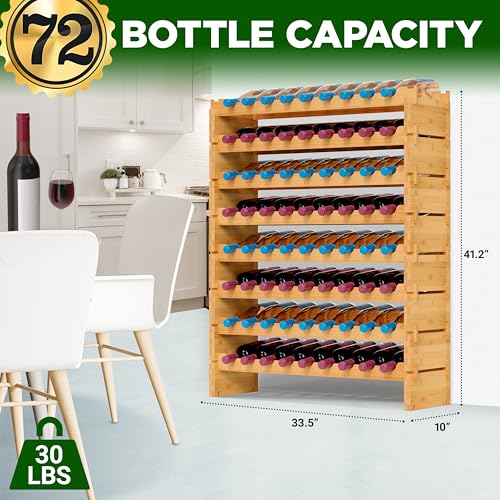 Bamboo Wine Rack - 72 Bottles, 8-Tier