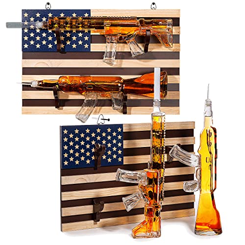 Gun themed whiskey decanter set with rack