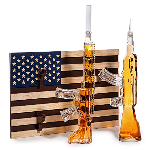 Gun themed whiskey decanter set with rack