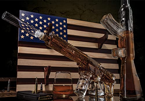 Gun themed whiskey decanter set with rack