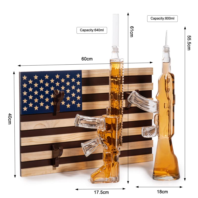 Gun themed whiskey decanter set with rack