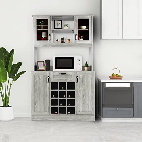 OKL Kitchen Pantry Storage Cabinet, Traditional 71" Freestanding Kitchen Buffet with Hutch with Countertop & Shelves, Kitchen Pantry Cupboard Cabinets with Wine Rack Drawer for Home Hallway(Gery)
