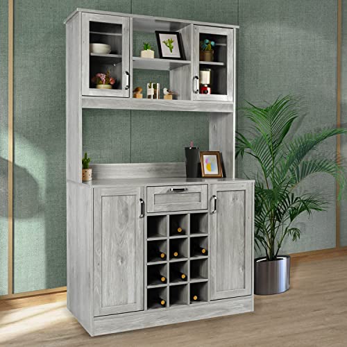 OKL Kitchen Pantry Storage Cabinet, Traditional 71" Freestanding Kitchen Buffet with Hutch with Countertop & Shelves, Kitchen Pantry Cupboard Cabinets with Wine Rack Drawer for Home Hallway(Gery)
