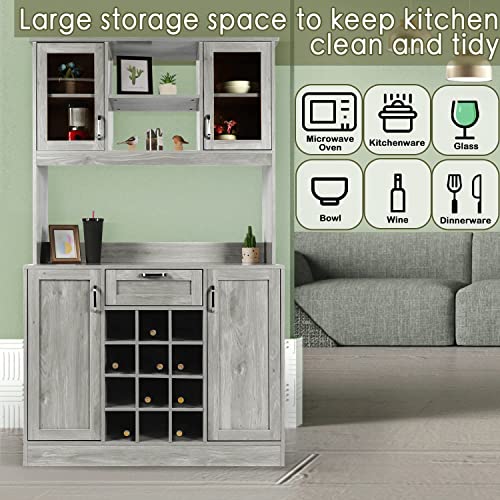 OKL Kitchen Pantry Storage Cabinet, Traditional 71" Freestanding Kitchen Buffet with Hutch with Countertop & Shelves, Kitchen Pantry Cupboard Cabinets with Wine Rack Drawer for Home Hallway(Gery)
